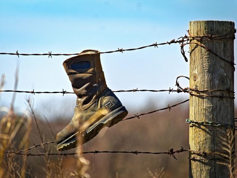 boot hanging on a barbed wire