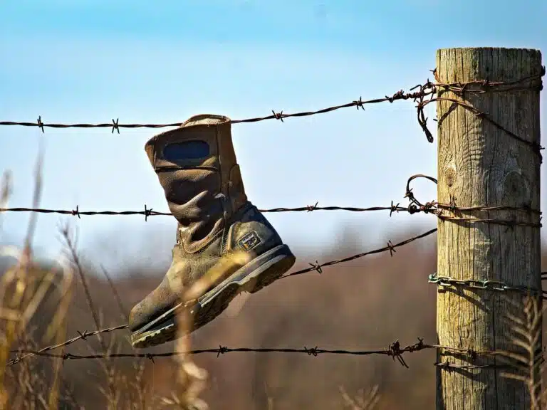 boot hanging on a barbed wire