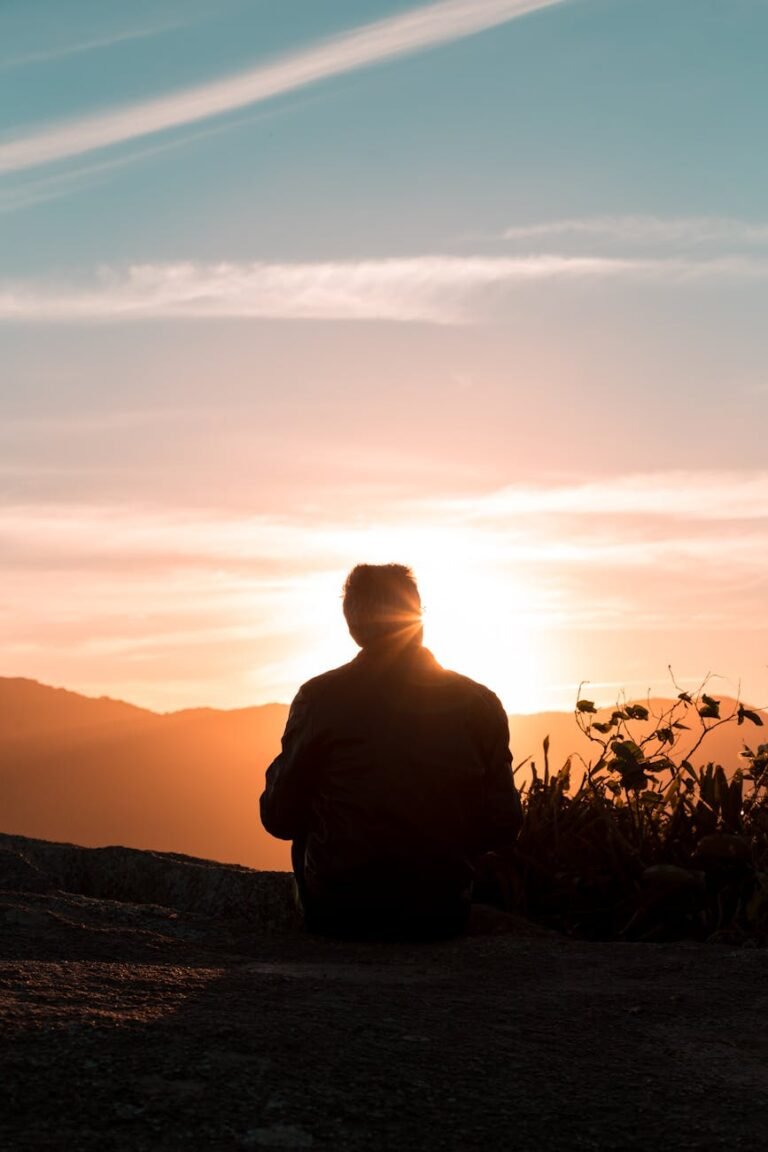 silhouette of person sitting and facing mountain during sunset