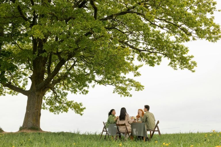 group of four people having dinner under the beautiful tree