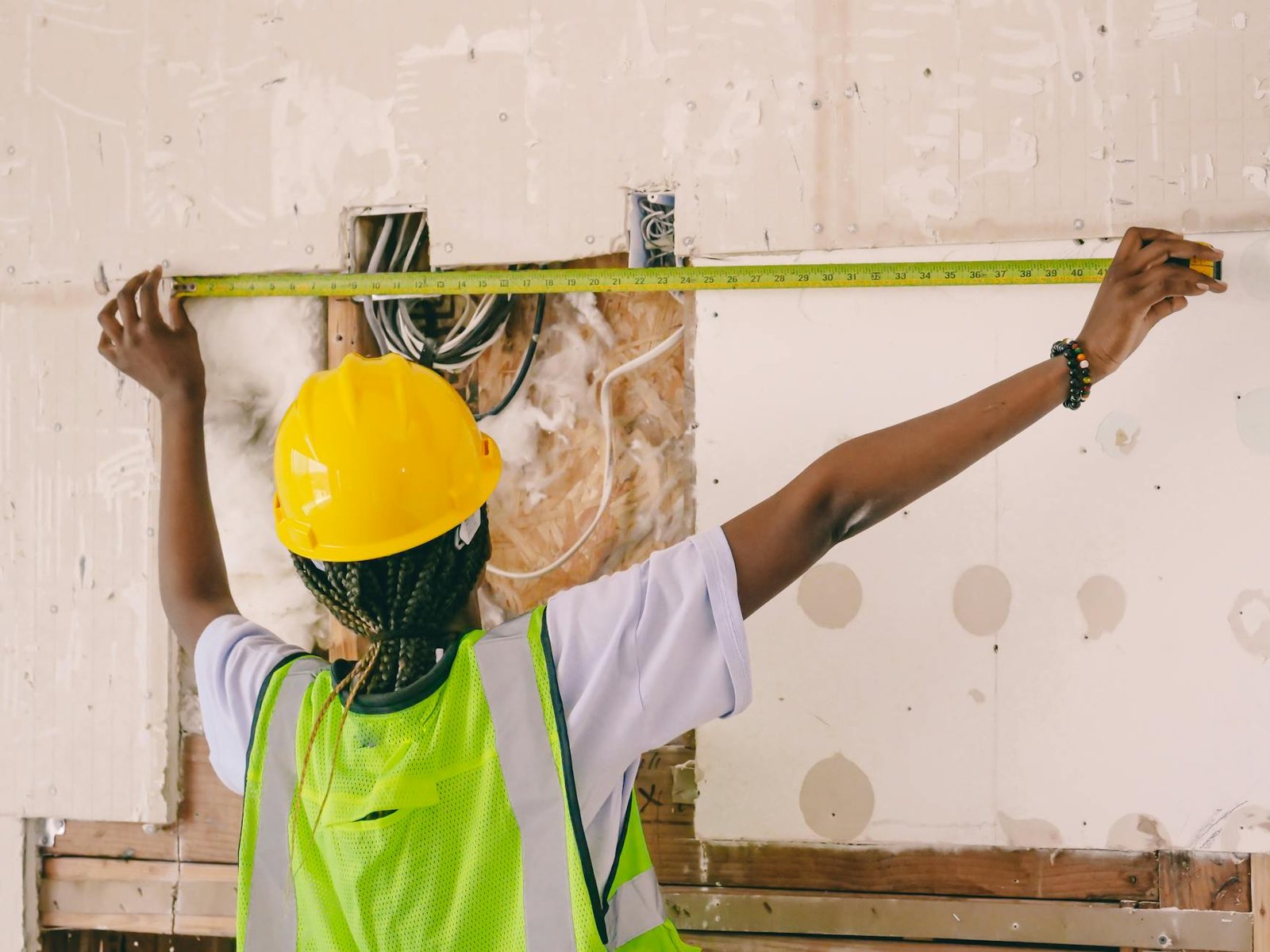 construction worker measuring wall