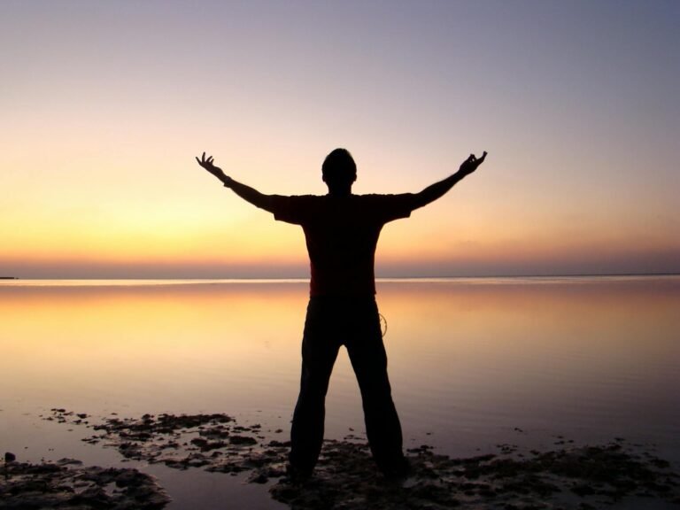 silhouette of man standing beside ocean during sunset